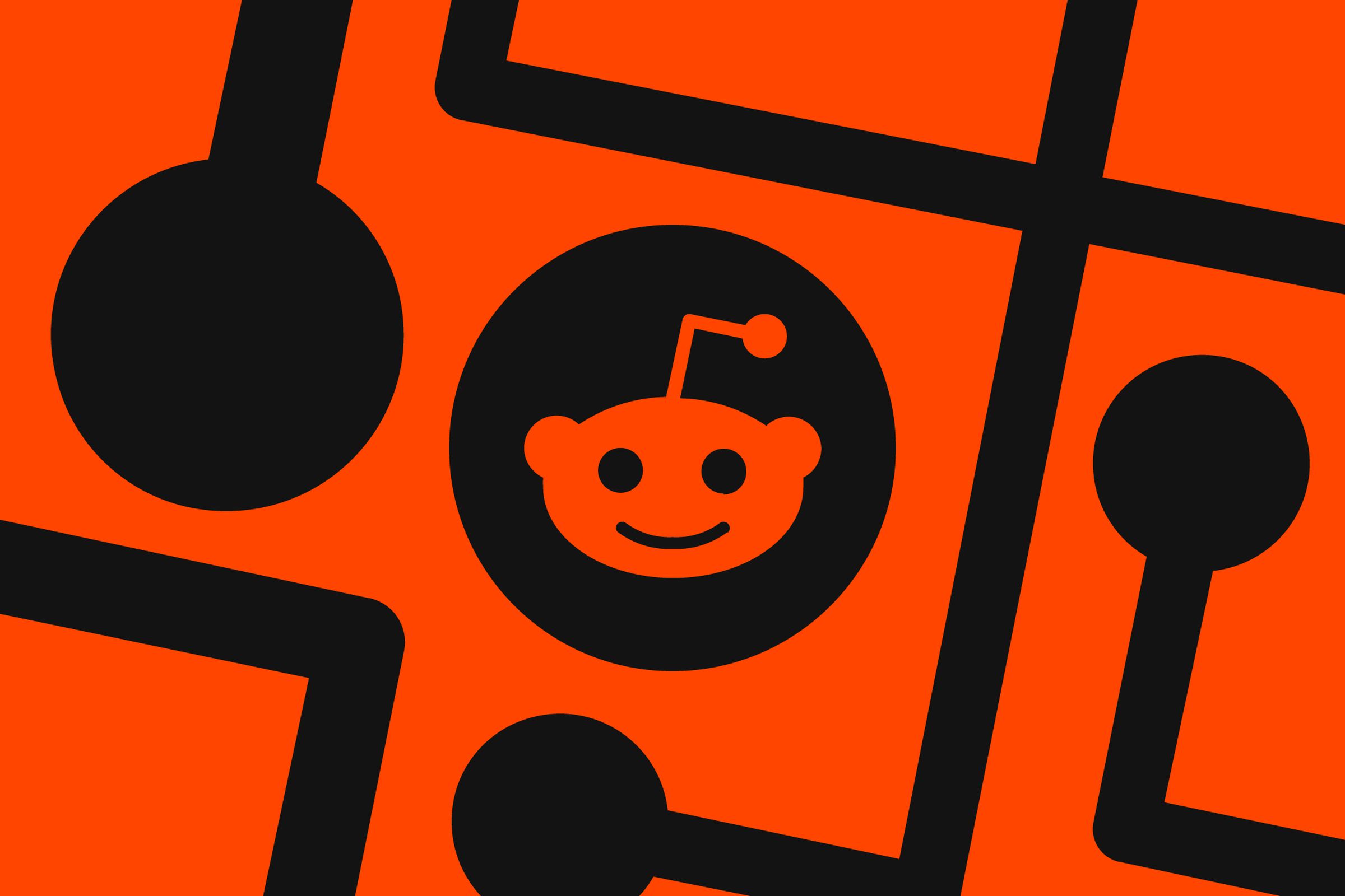 The Reddit logo over an orange and black background