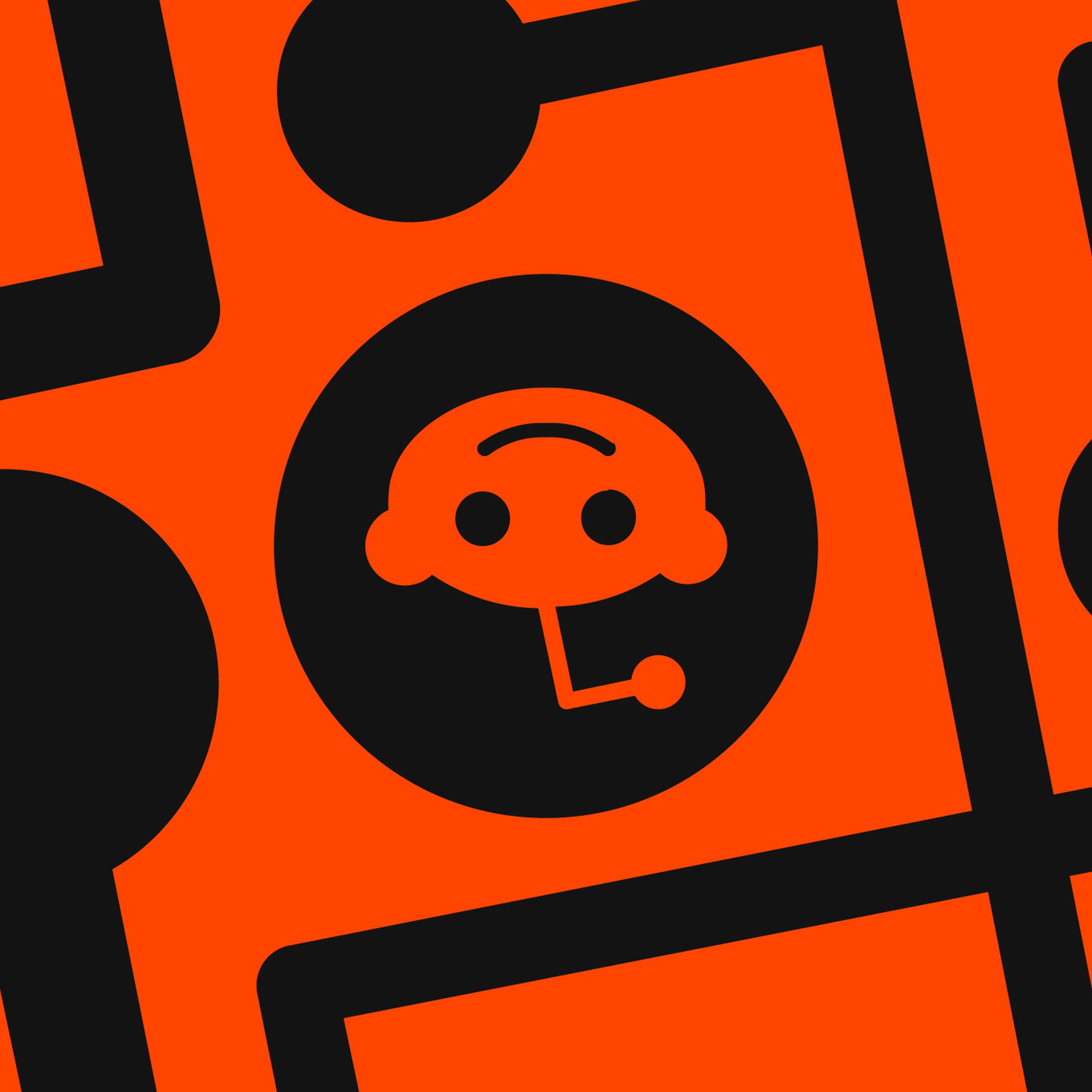 A Reddit logo shown upside-down on an orange background.