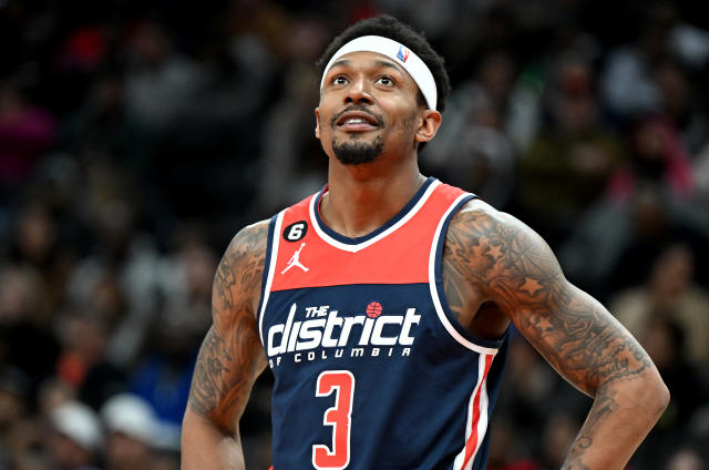 WASHINGTON, DC - MARCH 18: Bradley Beal #3 of the Washington Wizards celebrates rests during a break in the game against the Sacramento Kings at Capital One Arena on March 18, 2023 in Washington, DC. NOTE TO USER: User expressly acknowledges and agrees that, by downloading and or using this photograph, User is consenting to the terms and conditions of the Getty Images License Agreement. (Photo by G Fiume/Getty Images)