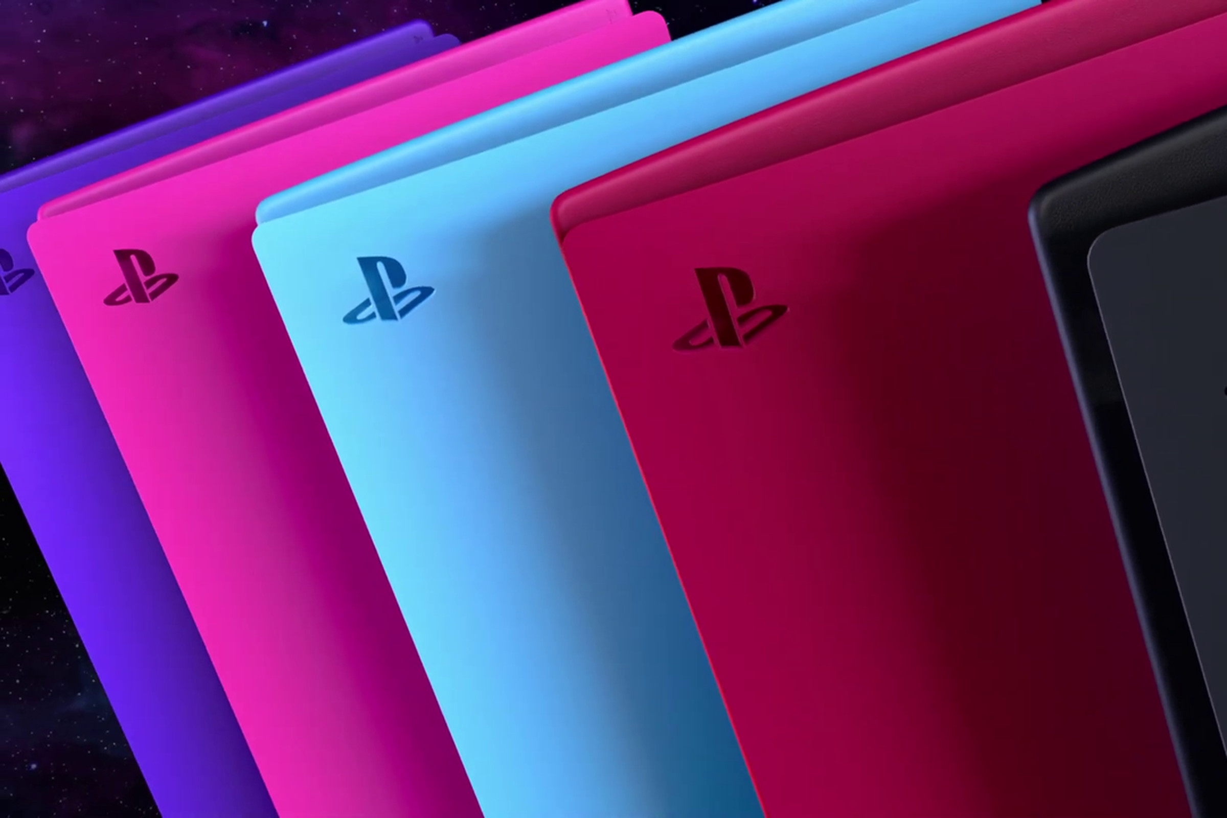 A render of the colorful replacement console covers for the PlayStation 5. From left to right: purple, pink, blue, red, and black.