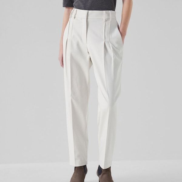 Stretch Cotton Cover Slouchy Pleated Trousers with Monili