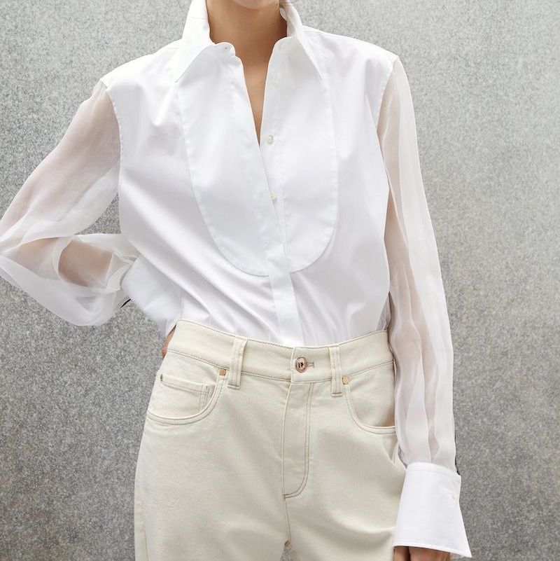 Stretch Cotton Poplin Shirt with Bib, Crispy Silk Sleeves and Shiny Cuffs