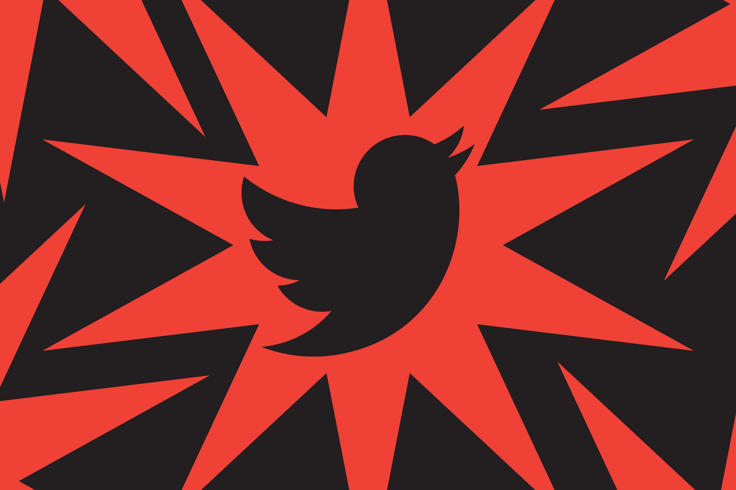 A black Twitter logo over a red illustration