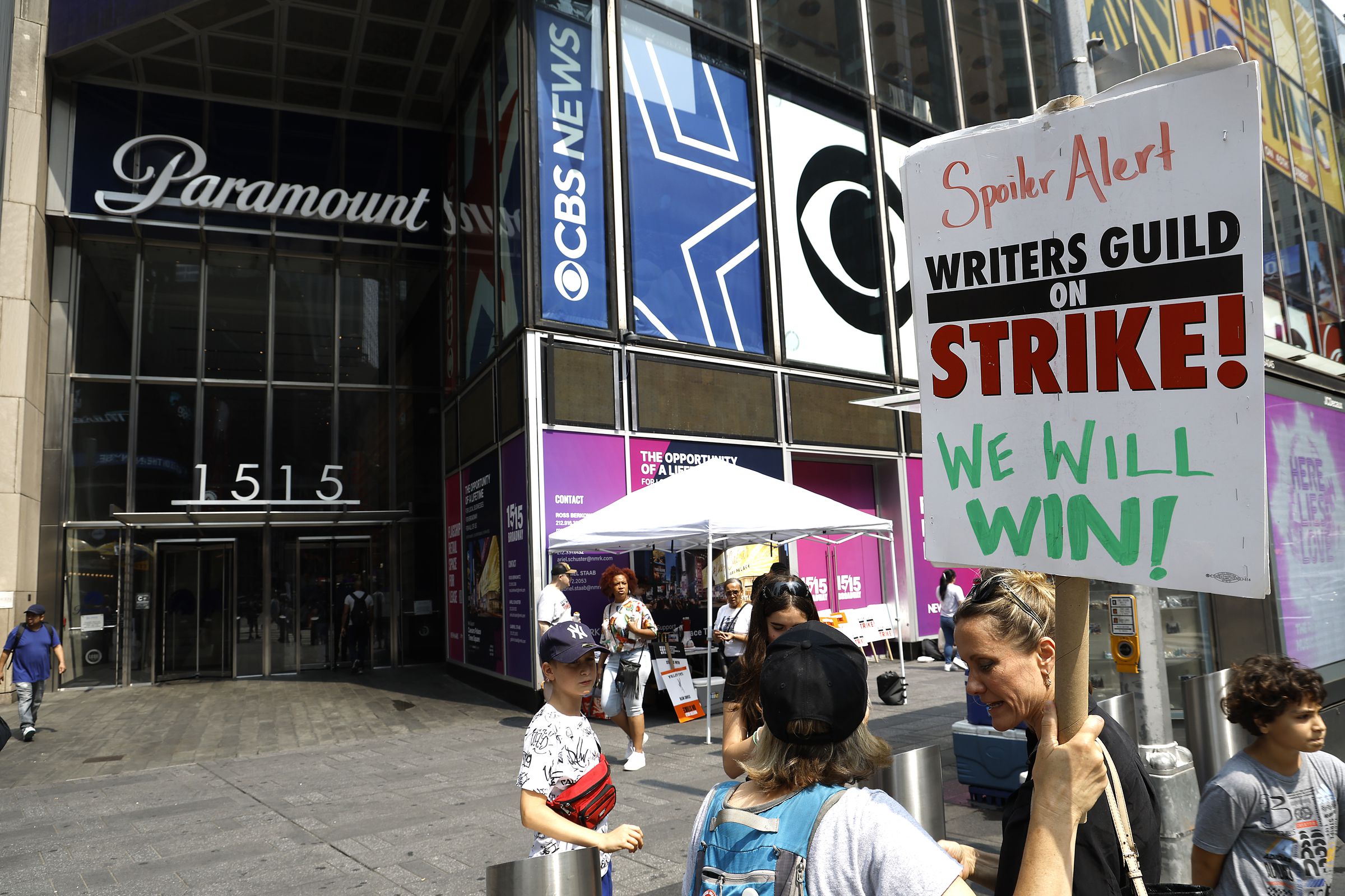 SAG-AFTRA members and supporters protest as the SAG-AFTRA Actors Union Strike continues on Day 5 in front of Paramount at 1515 Broadway on July 17, 2023 in New York City.