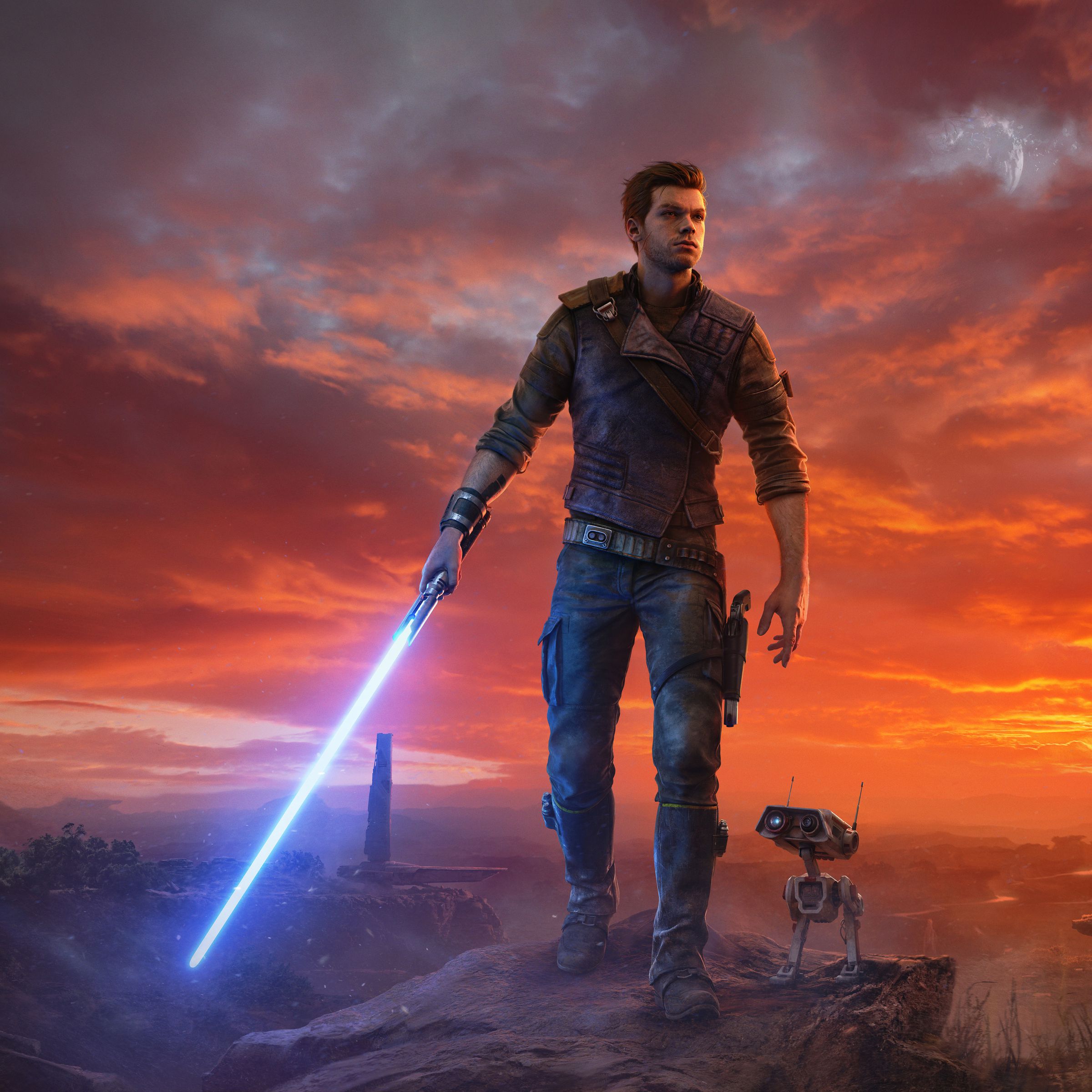 The cover art for Star Wars Jedi: Survivor, showing main character Cal Kestis and his droid, BD-1, in front of a desolate backdrop.