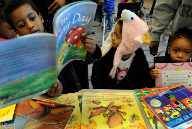 After a reading, students from Real Kids Preschool from left to right, Sedik Mote, 4, Dawenise Burks, 3, and Nyimah Bryant, 2, each get to pick out their own book to take home at the Blair Caldwell Library in Denver on Friday, Feb. 10, 2012. The event was part of Black History Month at the library. (Photo by Kathryn Scott Osler/The Denver Post)