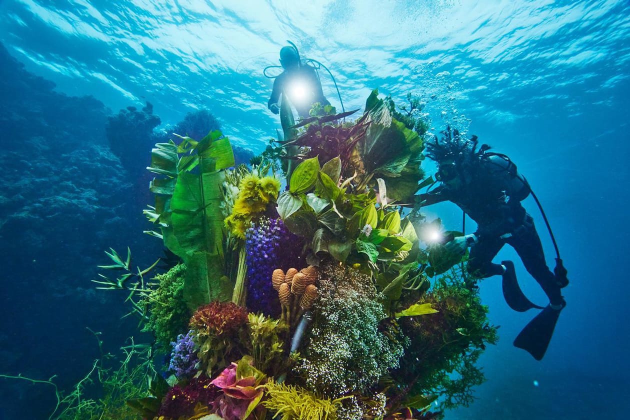 Azuma Makoto Submerges Floral Installation in Uncharted Ocean Waters in bloom artist creative flowers natural world coexist japanese sea nature natural world texture shape color vibrant display installation arrangement