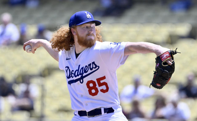 Los Angeles, - May 17: Starting pitcher Dustin May #85 of the Los Angeles Dodger throws to the plate against the Minnesota Twins in the first inning of a baseball game at Dodger Stadium in Los Angeles on Wednesday, May 17, 2023. (Photo by Keith Birmingham/MediaNews Group/Pasadena Star-News via Getty Images)