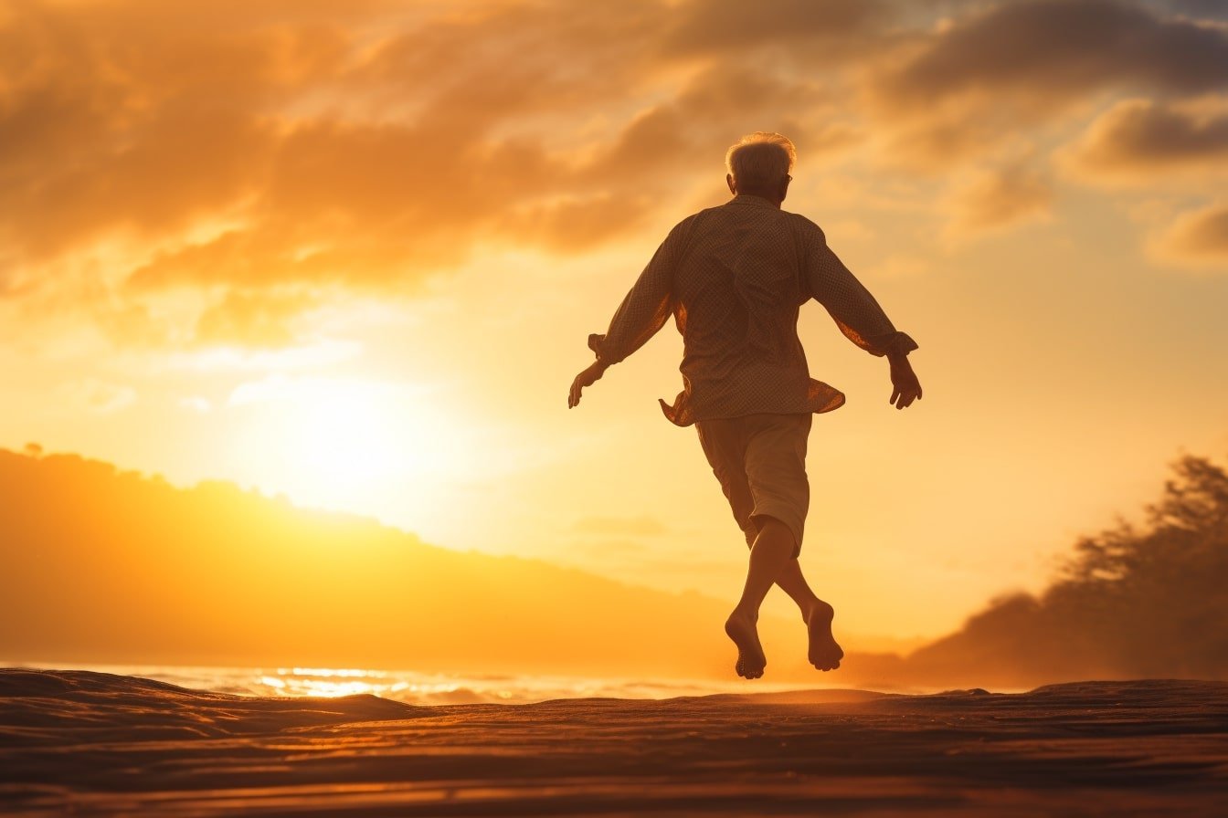 This shows an older man jumping for joy.