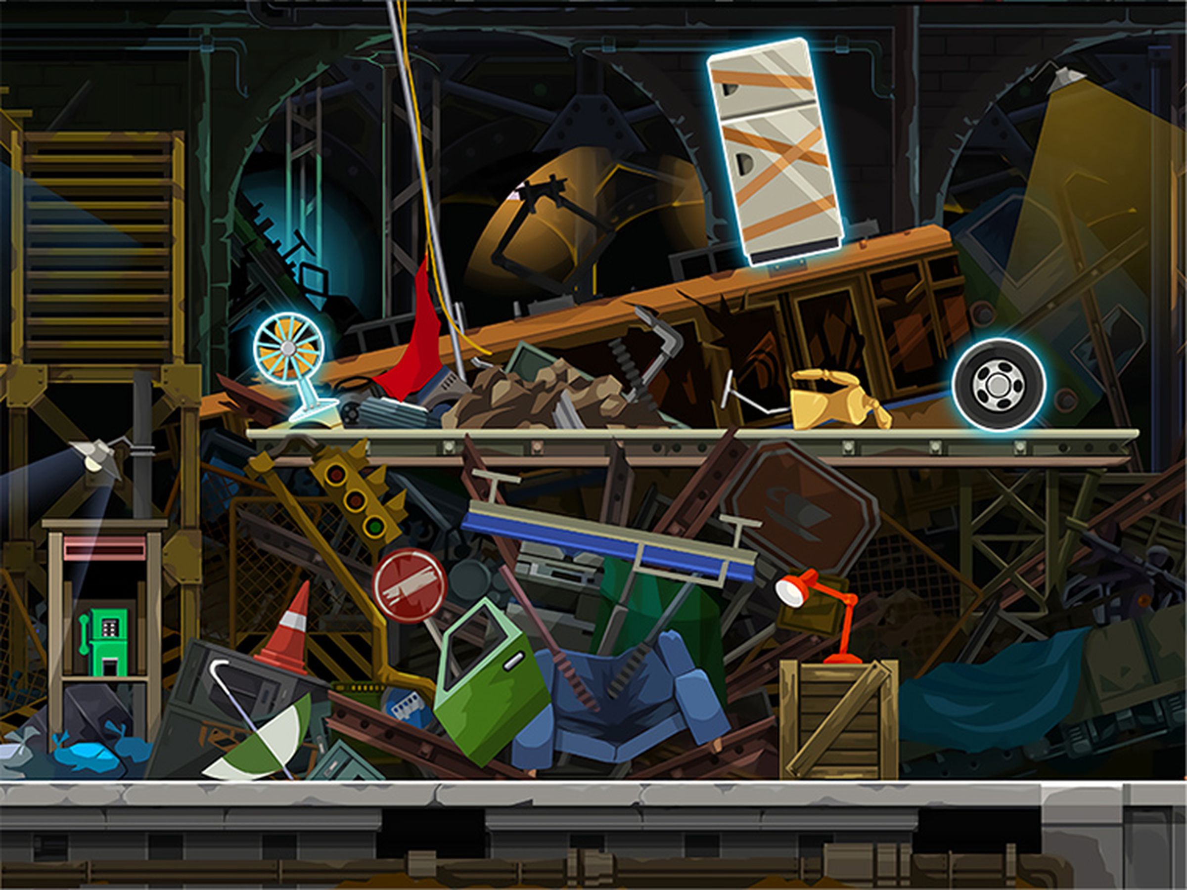 Screenshot from Ghost Trick: Phantom Detective featuring a messy junk yard filled with everyday objects the player can manipulate with their powers