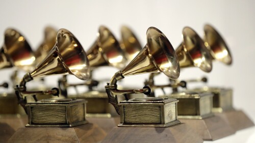 FILE - Grammy Awards are displayed at the Grammy Museum Experience at Prudential Center in Newark, N.J., Oct. 10, 2017. The Recording Academy on Thursday, June 29, 2023, announced a few key dates for the forthcoming 66th annual Grammy Awards. (AP Photo/Julio Cortez, File)