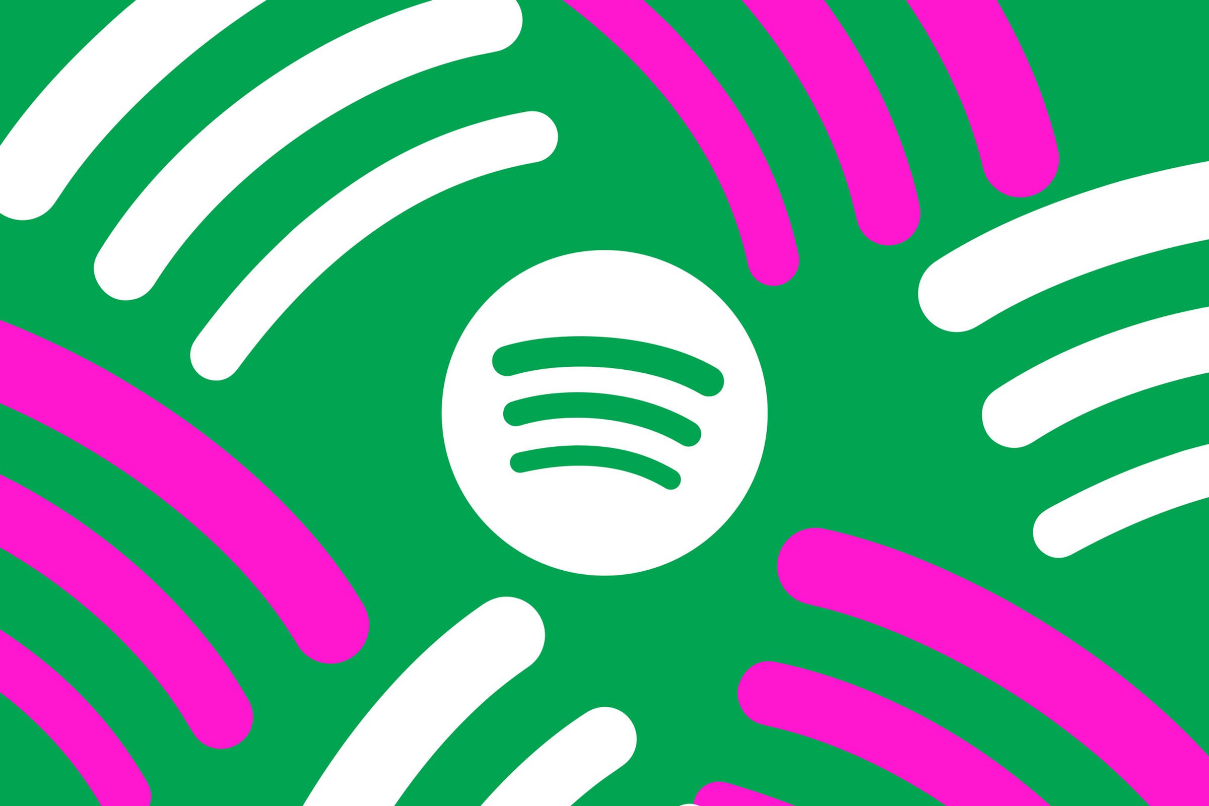 The Spotify logo on a green backdrop surrounded by pink and white graphics.