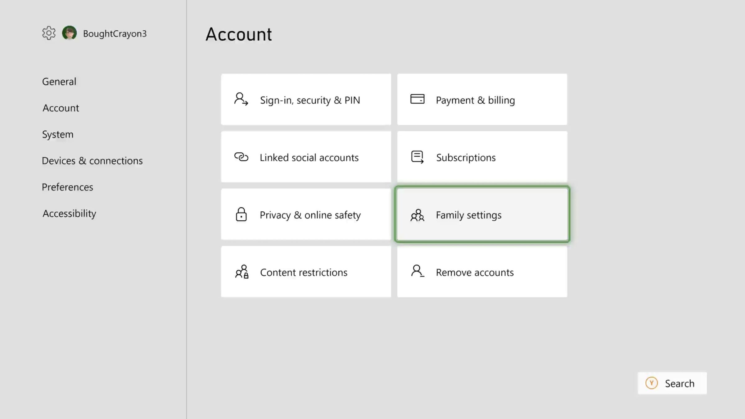 Page showing menu on the side, Account on top and buttons with a variety of options; the button labeled Family settings is outlined in green.