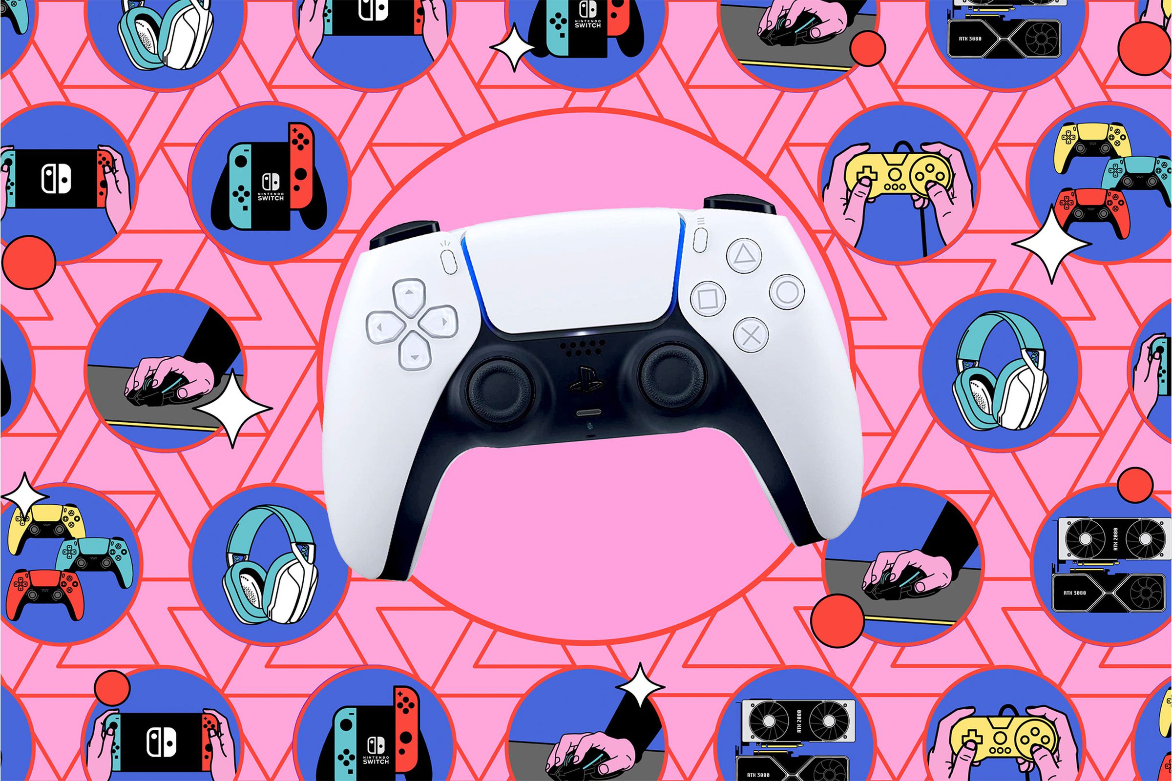 Playstation (PS5) controller against illustrated background.