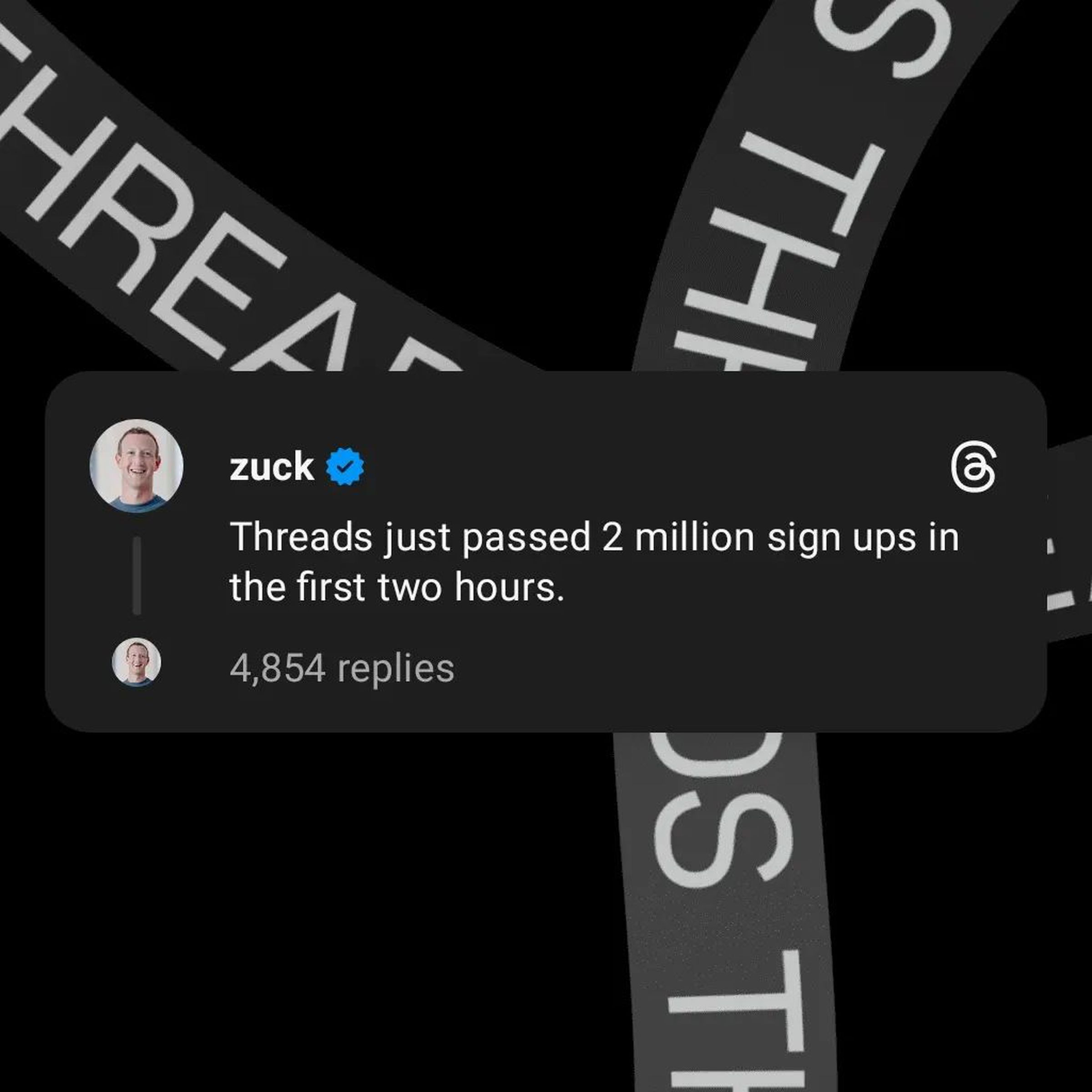 Screenshot of a post on Instagram Threads: Mark Zuckerberg posts “Threads just passed 2 million sign ups in the first two hours.”