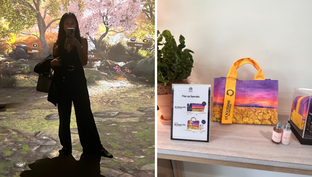 (L to R): The writer with the tree she digitally planted in the background; L&#39;Occitane&#39;s pop-up special travel kit is up for grabs. (PHOTO: Reta Lee/Yahoo Life Singapore)