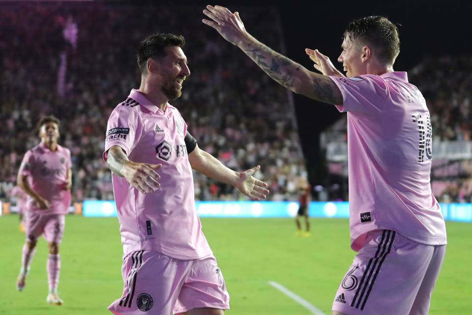 FORT LAUDERDALE, FLORIDA - JULY 25: Robert Taylor #16 of Inter Miami CF celebrates with Lionel Messi #10 after scoring a goal in the second half during the Leagues Cup 2023 match between Inter Miami CF and Atlanta United at DRV PNK Stadium on July 25, 2023 in Fort Lauderdale, Florida. (Photo by Megan Briggs/Getty Images)