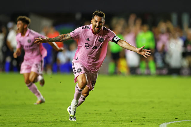 FORT LAUDERDALE, FLORIDA - JULY 21: Lionel Messi #10 of Inter Miami CF celebrates after kicking the game winning goal during the second half of the Leagues Cup 2023 match between Cruz Azul and Inter Miami CF at DRV PNK Stadium on July 21, 2023 in Fort Lauderdale, Florida. (Photo by Stacy Revere/Getty Images)