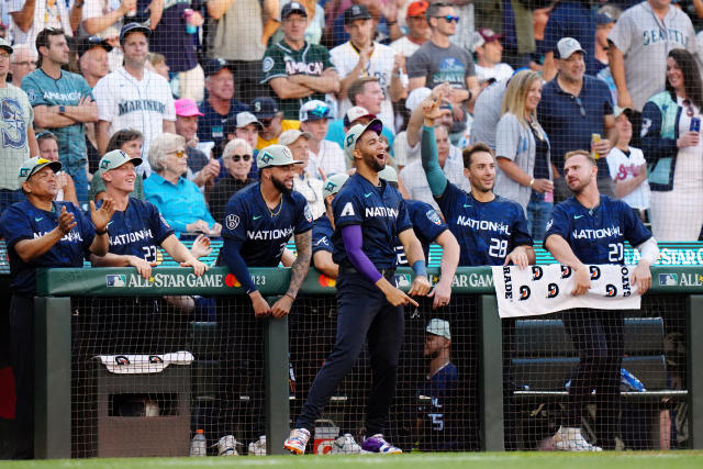 SEATTLE, WA - JULY 11: Lourdes Gurriel Jr. #12 of the Arizona Diamondbacks reacts to Elias D&#xed;az #35 of the Colorado Rockies two-run home run in the eigth inning during the 93rd MLB All-Star Game presented by Mastercard at T-Mobile Park on Tuesday, July 11, 2023 in Seattle, Washington. (Photo by Daniel Shirey/MLB Photos via Getty Images)