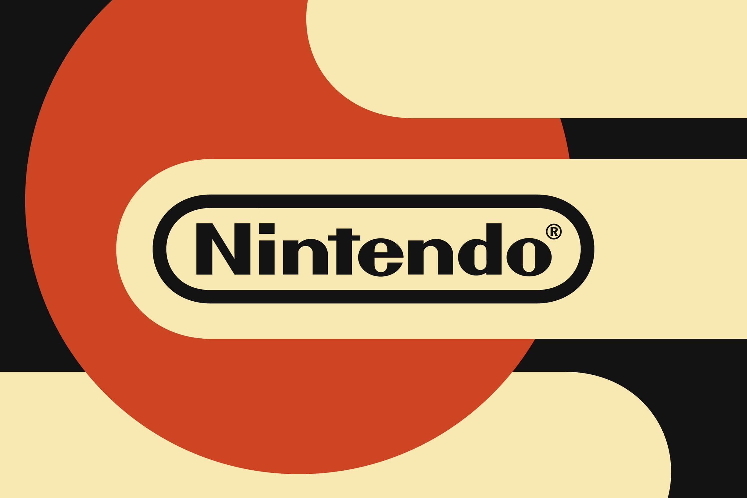 The Nintendo logo sits inside a black, red, and cream-colored design.