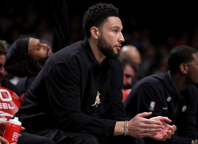 NEW YORK, NEW YORK - APRIL 07: Ben Simmons #10 of the Brooklyn Nets looks on from the bench in the first half against the Orlando Magic at Barclays Center on April 07, 2023 in the Brooklyn borough of New York City. NOTE TO USER: User expressly acknowledges and agrees that, by downloading and or using this photograph, User is consenting to the terms and conditions of the Getty Images License Agreement. (Photo by Elsa/Getty Images)