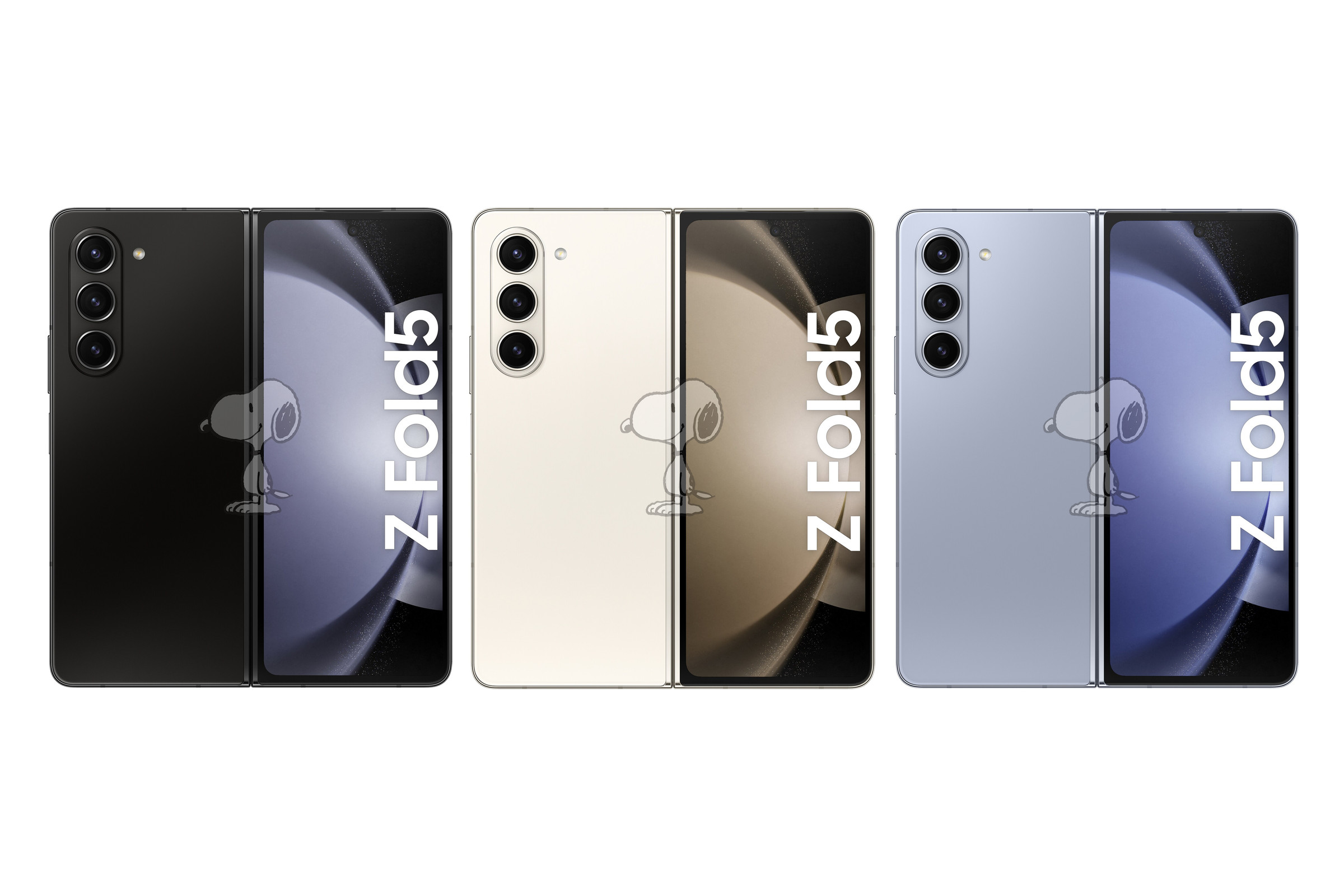 Three Galaxy Z Fold 5 phones, in colors from left to right: black, cream, and blue.