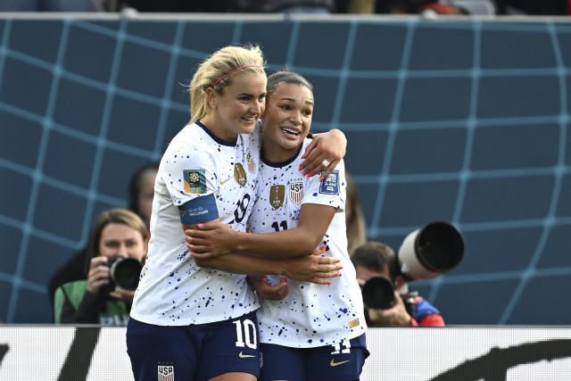 United States&#39; Lindsey Horan, left, celebrates with United States&#39; Sophia Smith after scoring her side&#39;s 3rd goal during the Women&#39;s World Cup Group E soccer match between the United States and Vietnam at Eden Park in Auckland, New Zealand, Saturday, July 22, 2023. (AP Photo/Andrew Cornaga)