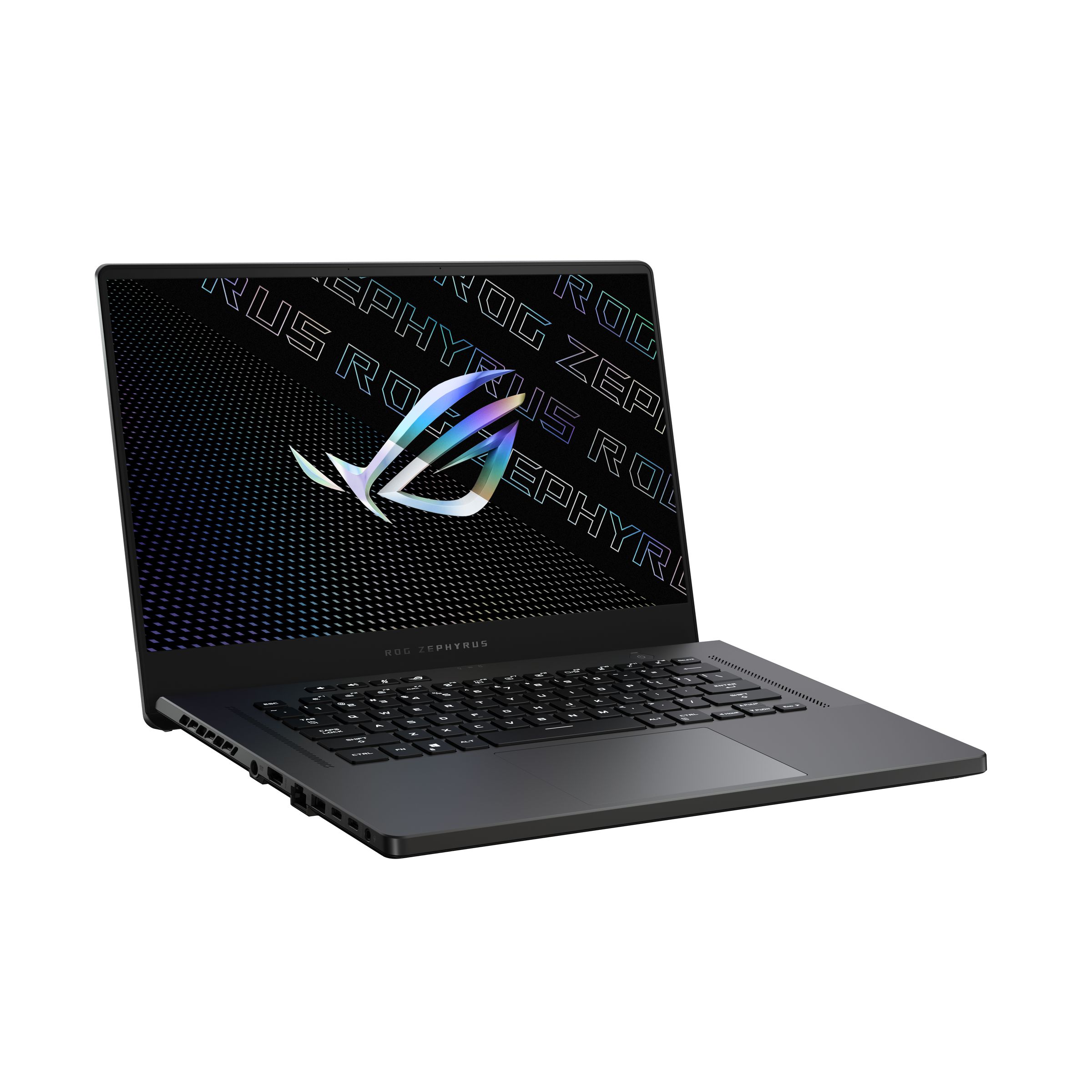 The Zephyrus G15 in Eclipse Gray open, angled to the right. The screen displays the ROG logo.