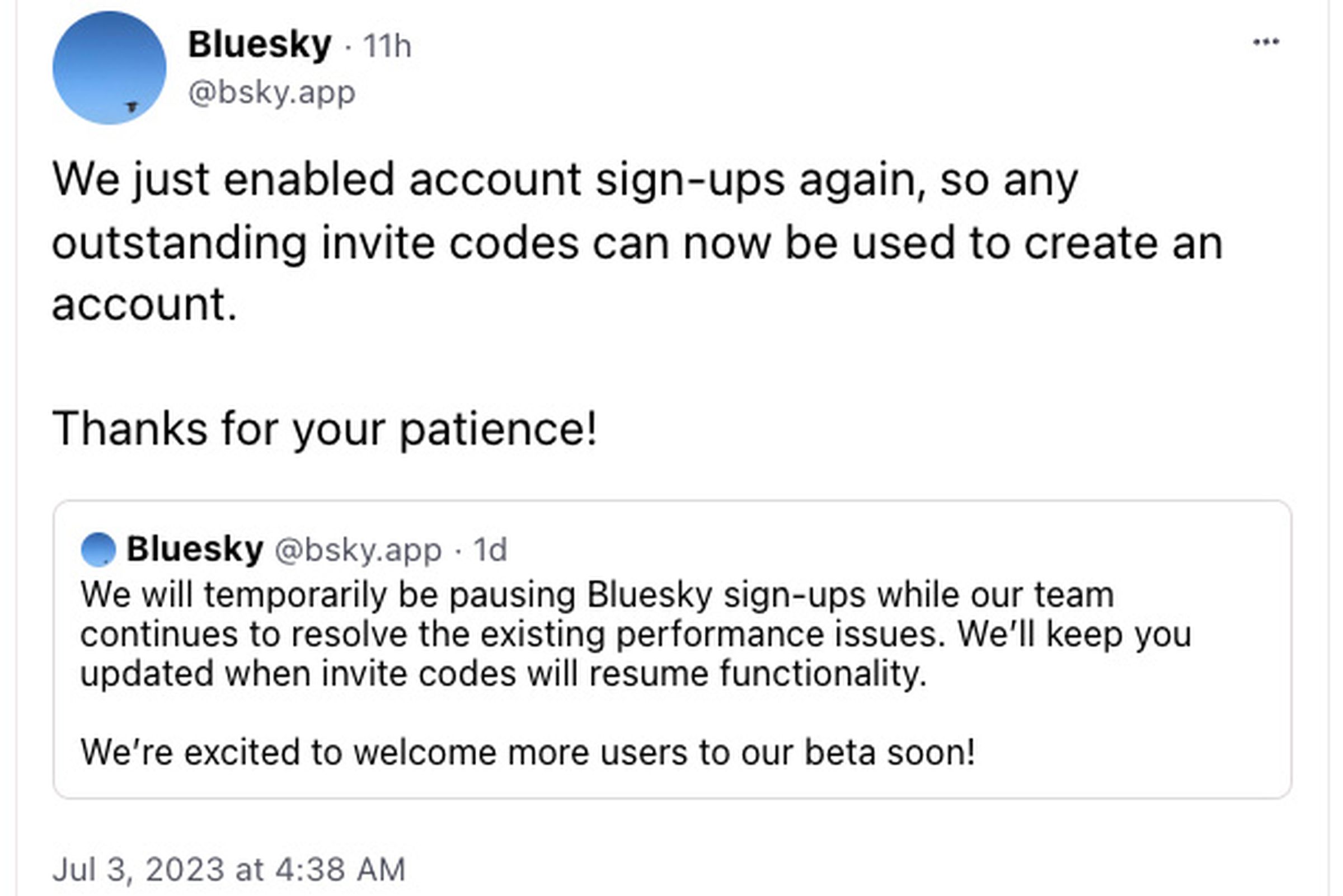 A post from the official BlueSky account announcing that sign-ups have re-opened.