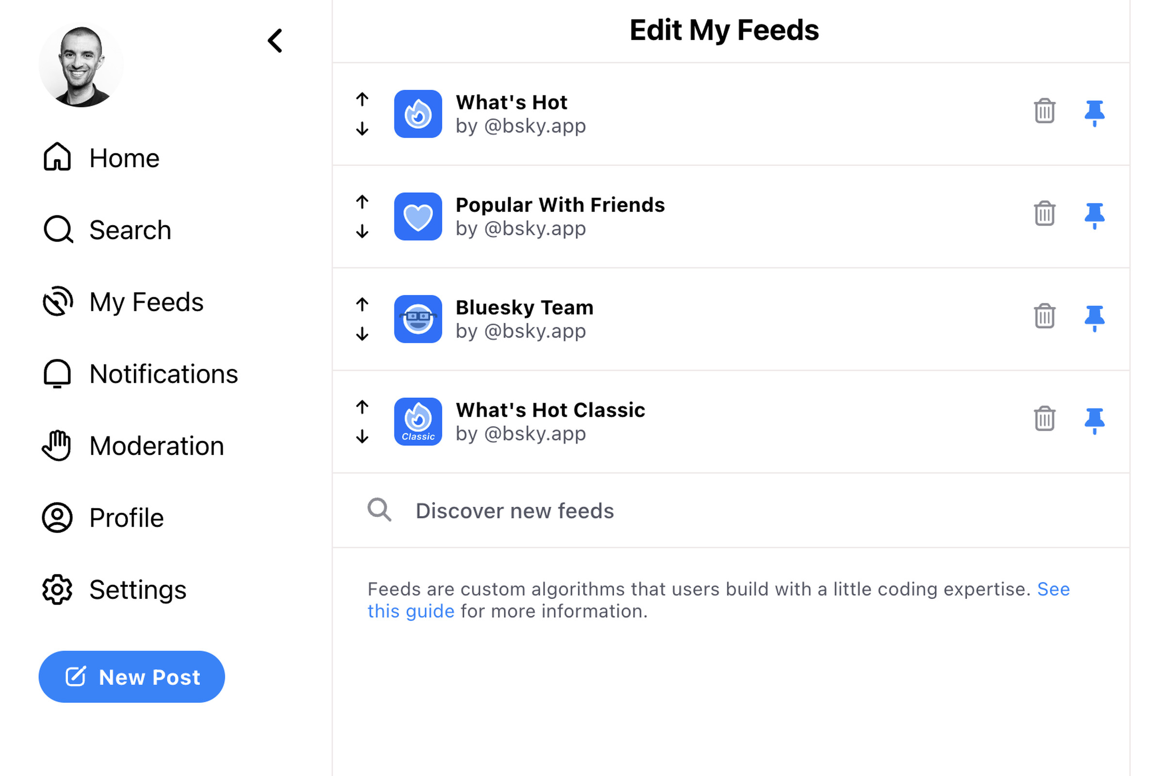 A screenshot of Bluesky’s “Edit My Feeds” page.