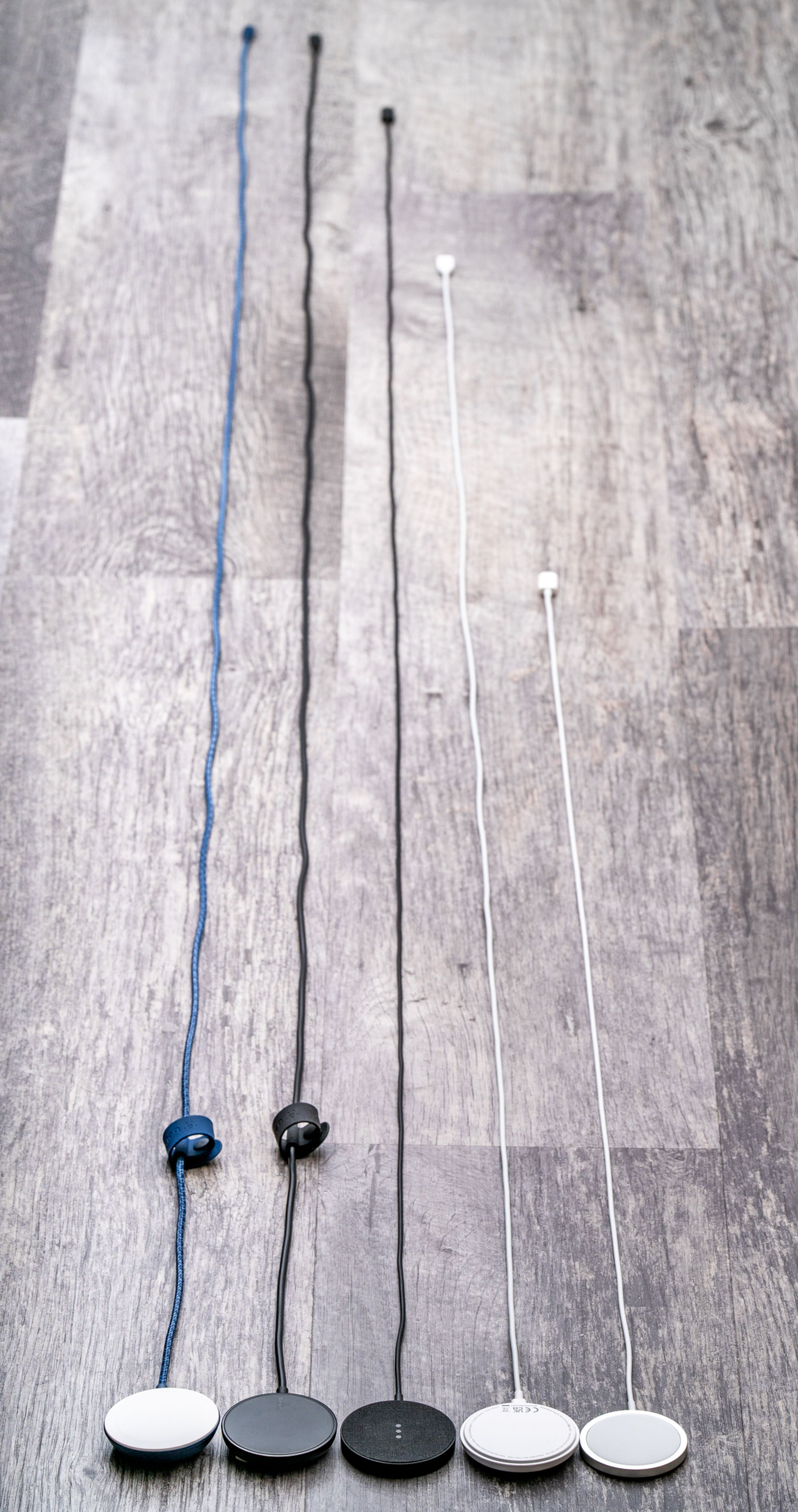 Left to right: Belkin BoostCharge Pro with MagSafe; Belkin BoostCharge (7.5W); Courant Mag:1; Anker 313; and Apple MagSafe Charger. Notice how prohibitively short Apple’s cable is.