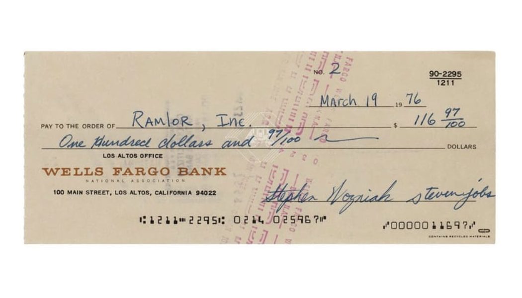 A 1976 Apple Check Signed by Steve Jobs and Steve Wozniak Is Up for Auction