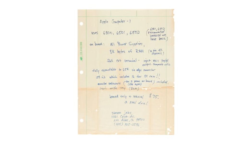 Apple-1 Ad Copy Handwritten by Steve Jobs Auctions for $175,759 USD