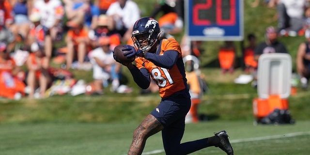 Wide receiver Tim Patrick catches a pass