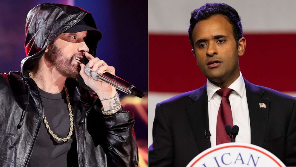 PHOTO: Eminem performs during the 37th Annual Rock & Roll Hall of Fame Induction Ceremony on Nov. 5, 2022 in Los Angeles; and Republican candidate for president Ramaswamy speaks during the Republican Party of Iowa 2023 in Des Moines, Iowa, July 28, 2023.