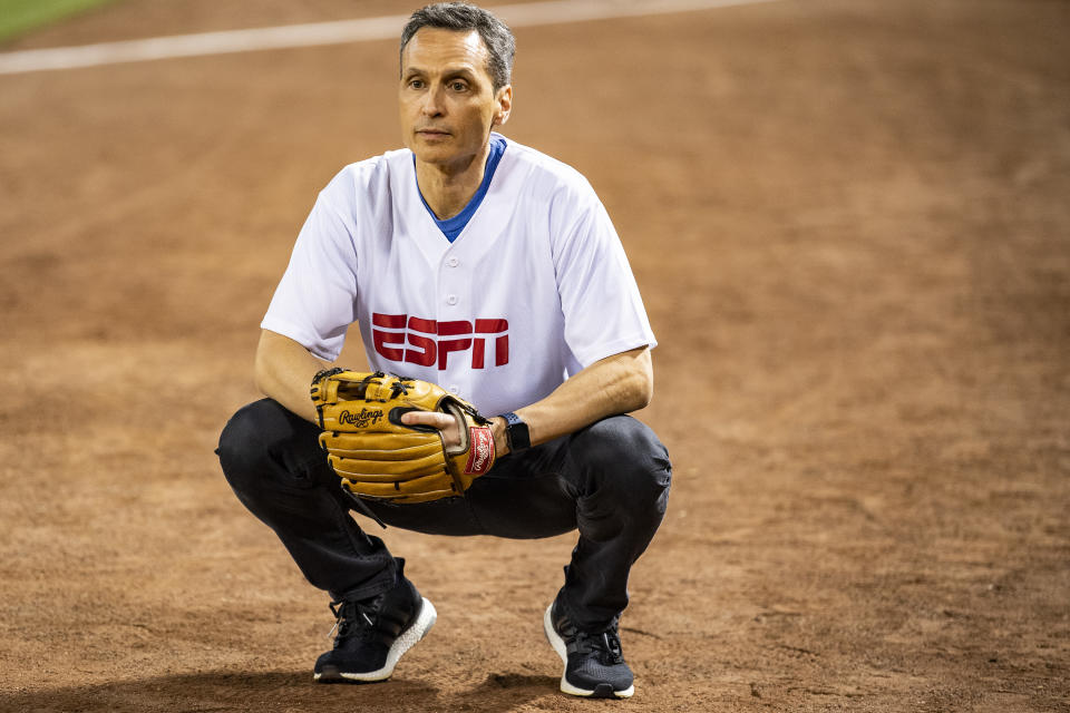 BOSTON, MA - SEPTEMBER 8: ESPN President Jimmy Pitaro warms up before catching a ceremonial first pitch before a game between the Boston Red Sox and the New York Yankees on September 8, 2019 at Fenway Park in Boston, Massachusetts. (Photo by Billie Weiss/Boston Red Sox/Getty Images)