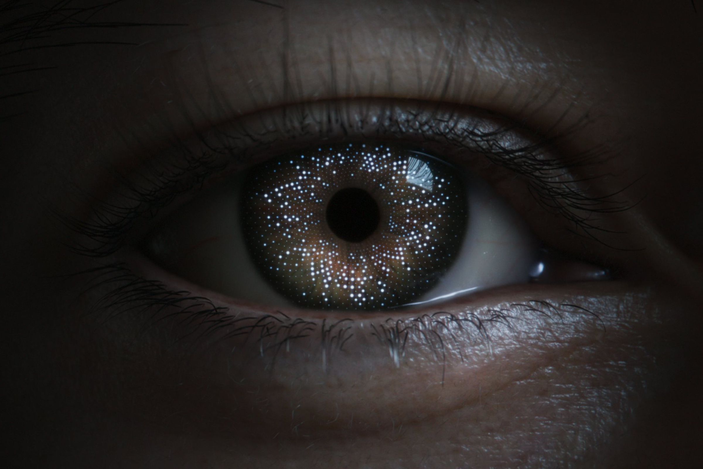 closeup of an eye with lots of dots.