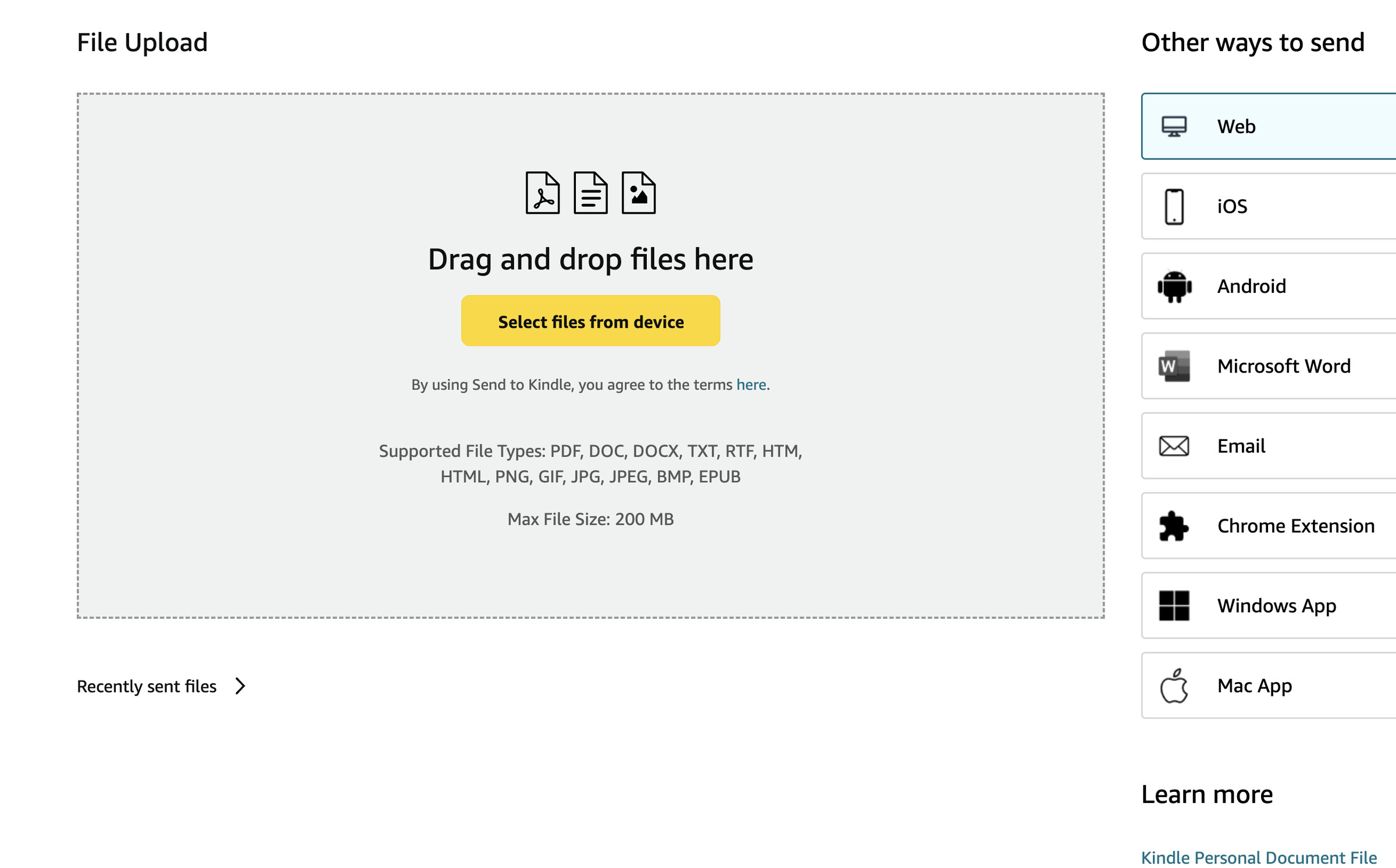 Web page headed File Upload with a gray box labeled Drag and drop files here, a yellow button below that labeled Select files from device, a list of file types below that. On the right, a subhead Other ways to send with several buttons labeled, Web, iOS, Android, etc.