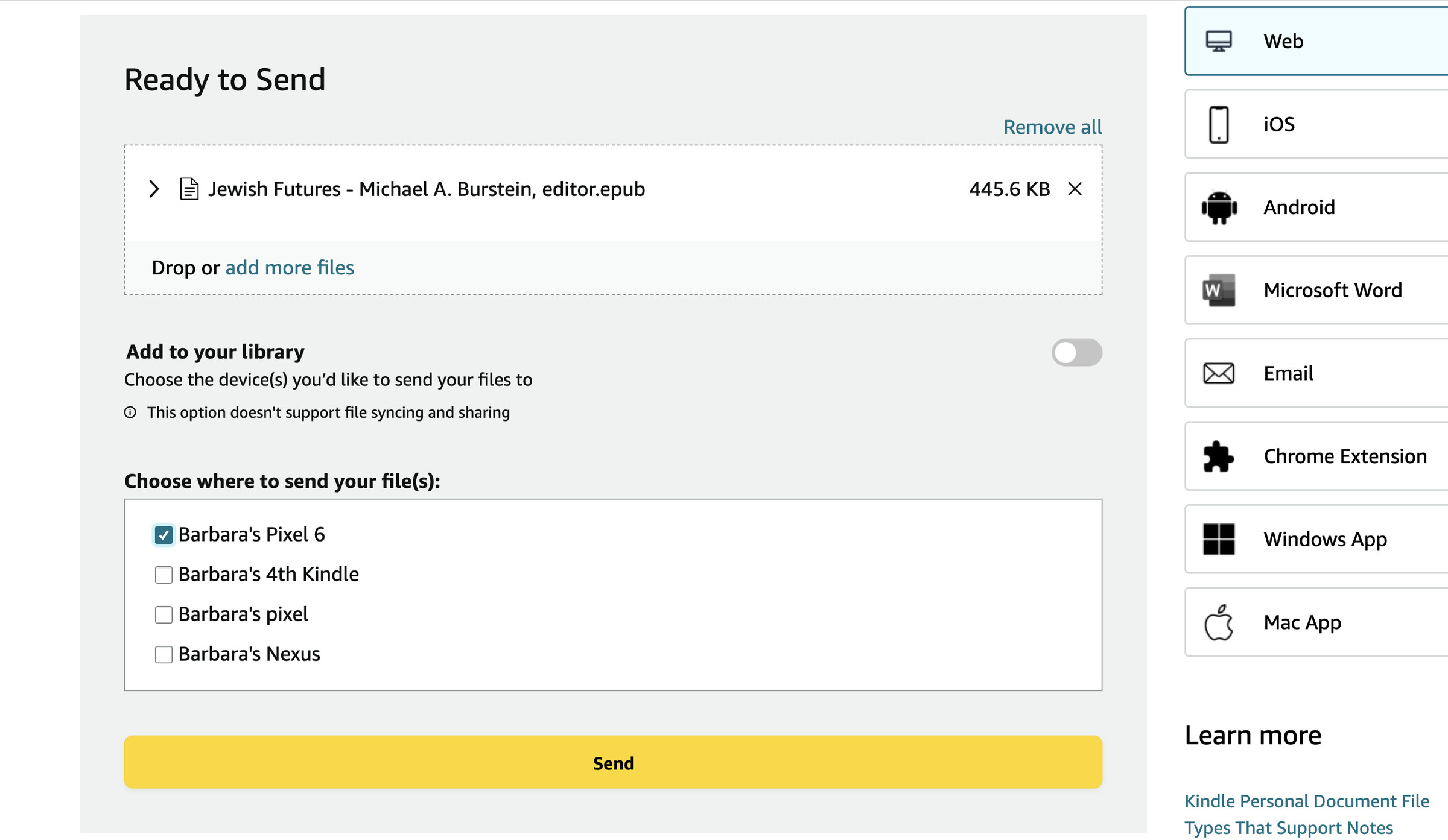 Ready to Send box with Jewish Futures book below, the Add to your library labeled toggle below, with the toggle off, and below that Choose where to send your file(s): with four devices listed, and a Send button.