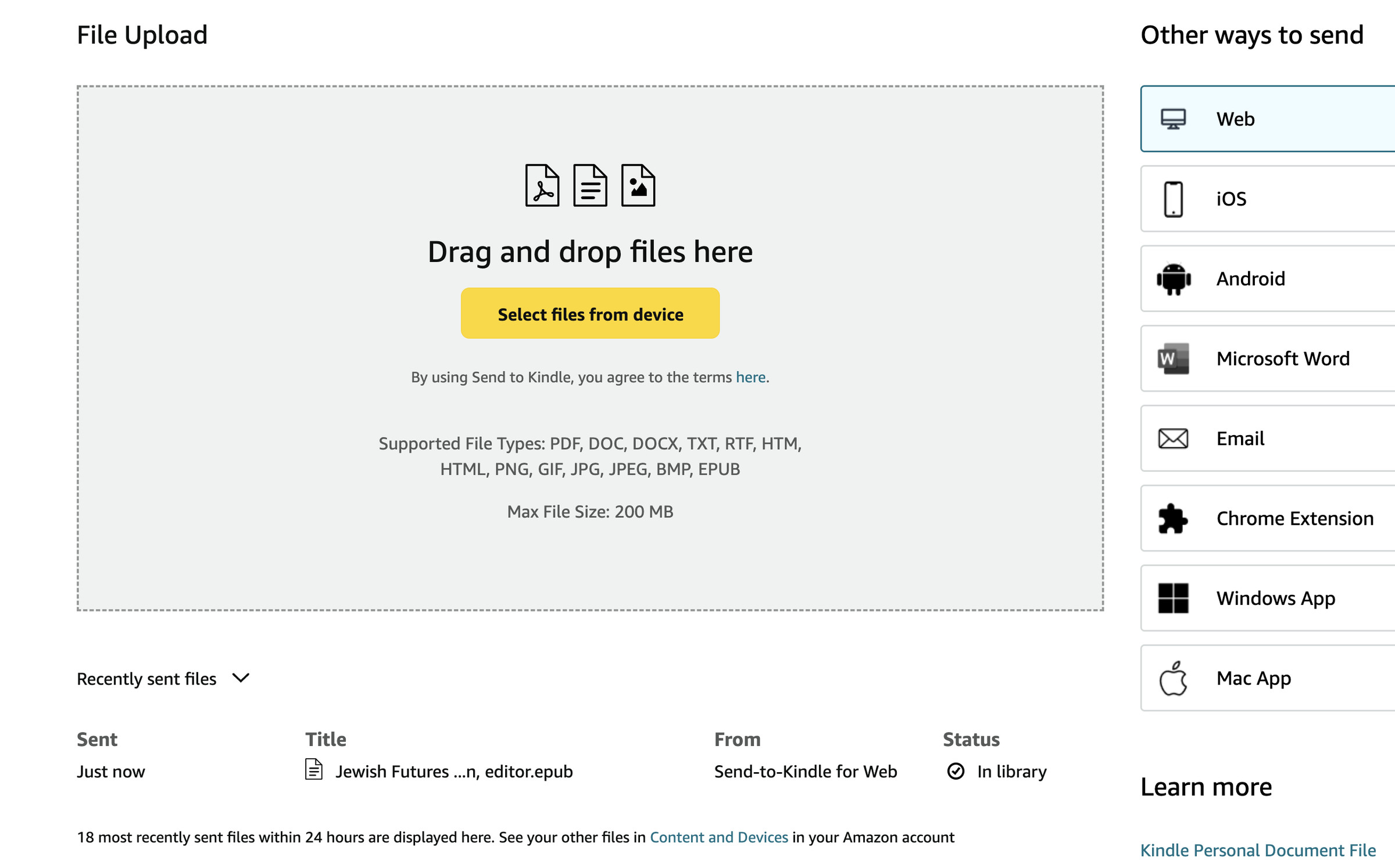 Web page headed File Upload with a gray box labeled Drag and drop files here, a yellow button below that labeled Select files from device, a list of file types below that. Below the box, a list of Recently sent files. On the right, a subhead Other ways to send with several buttons labeled, Web, iOS, Android, etc.