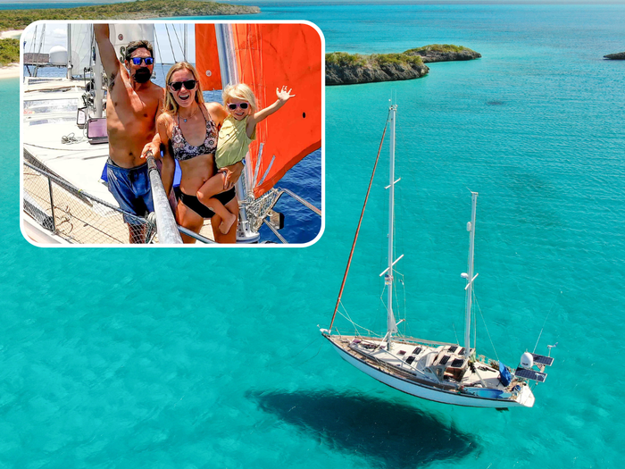 Brian Trautman lives on the 53-foot sailboat S.V. Delos (background image) which he now shares with his wife, Karin, and daughter, Sierra. (smaller image)