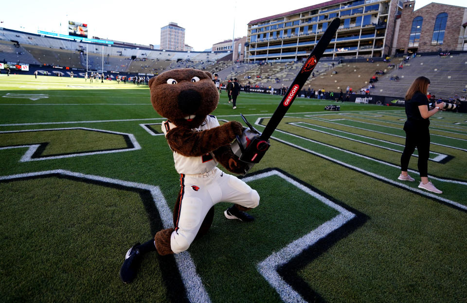 Oregon State Beavers mascot Benny Beaver plays to the crowd before a game against the Colorado Buffaloes. (Ron Chenoy-USA TODAY Sports)