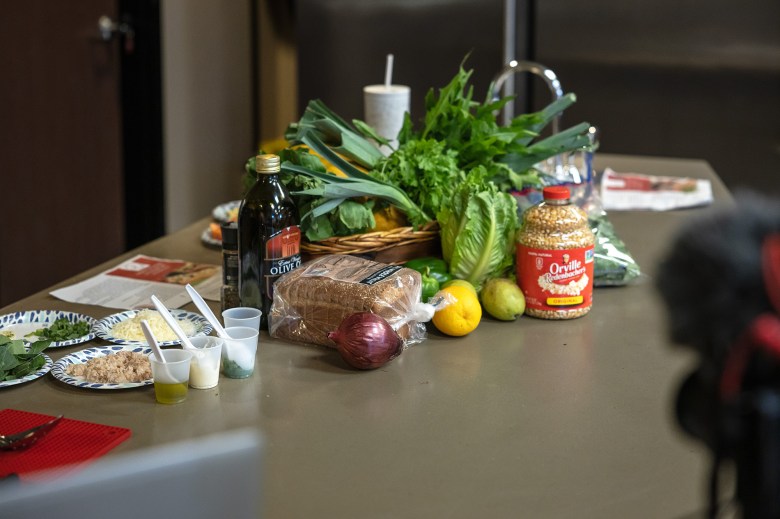 Ingredients for a live cooking session for Healthy Food RX program members at the Stockton Emergency Food Bank in Stockton on July 28, 2023. Photo by Rahul Lal for CalMatters