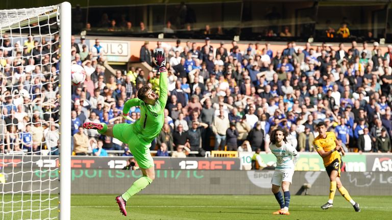 Wolverhampton Wanderers&#39; Matheus Nunes scores their side&#39;s first goal of the game during the Premier League match at Molineux Stadium, Wolverhampton. Picture date: Saturday April 8, 2023.