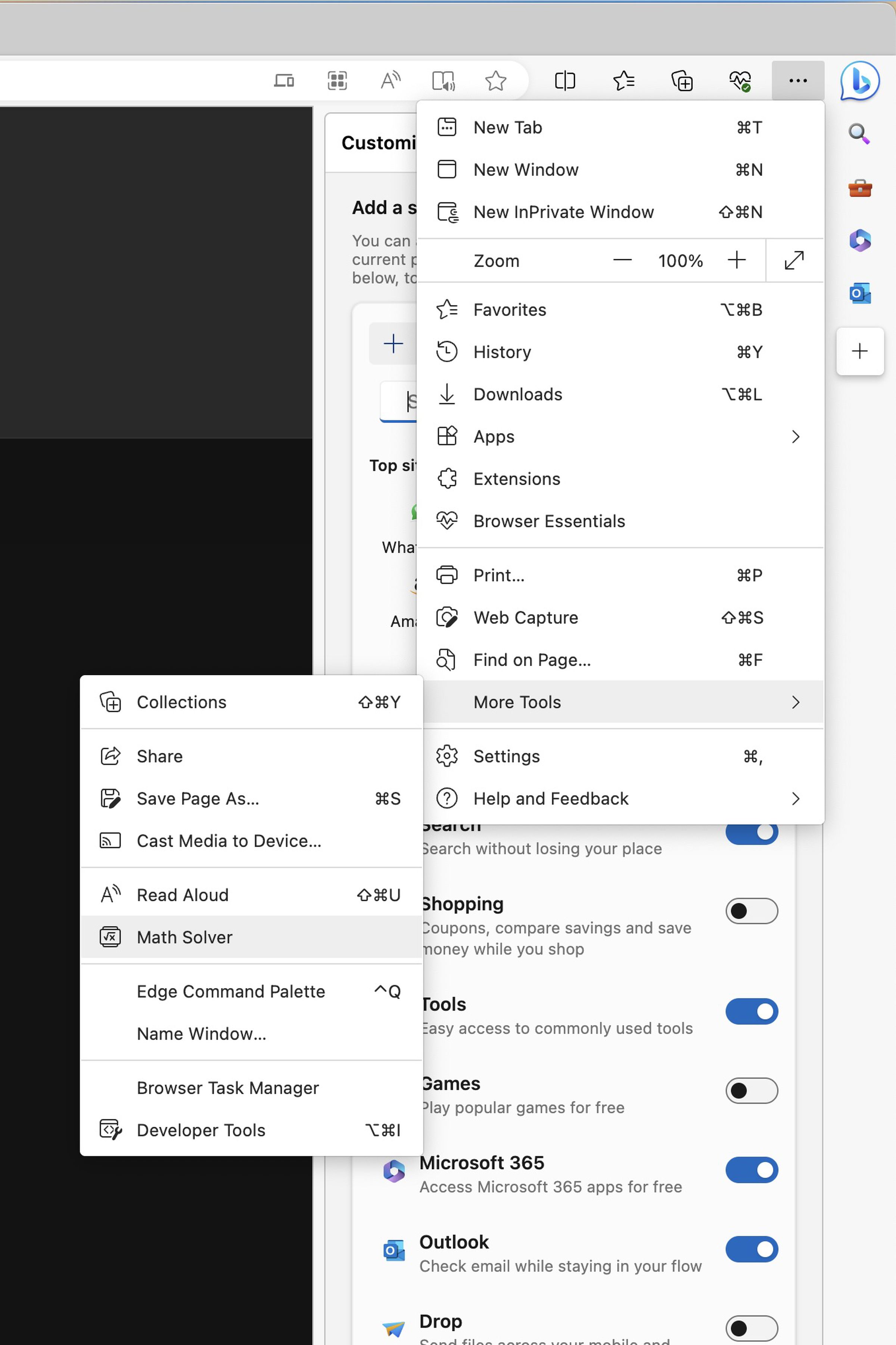 The More Tools menu on a stable release of Microsoft Edge.