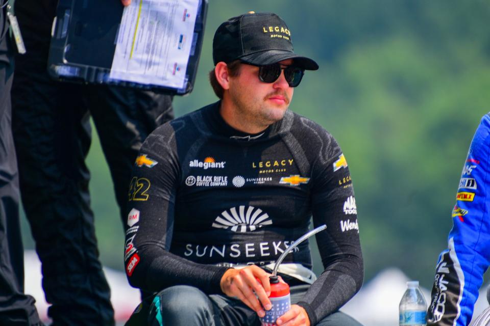 LOUDON, NH - JULY 17: Noah Gragson (#42 LEGACY MOTOR CLUB Sunseeker Resort Chevrolet) looks on before driver introductions prior to the NASCAR Cup Series Crayon 301 on July 17, 2023, at New Hampshire Motor Speedway in Loudon, NH. (Photo by Erica Denhoff/Icon Sportswire via Getty Images)