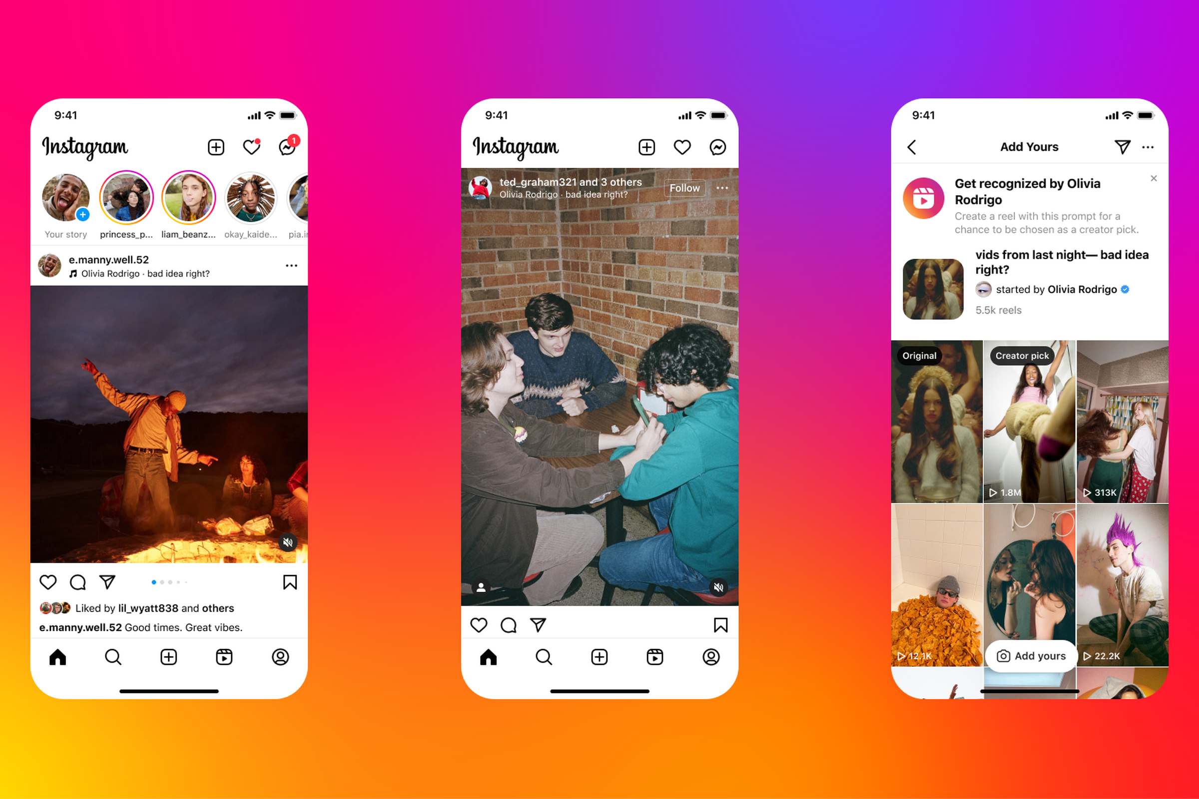 Instagram screens showing a song added to grid posts and pinned reels using artists’ music.