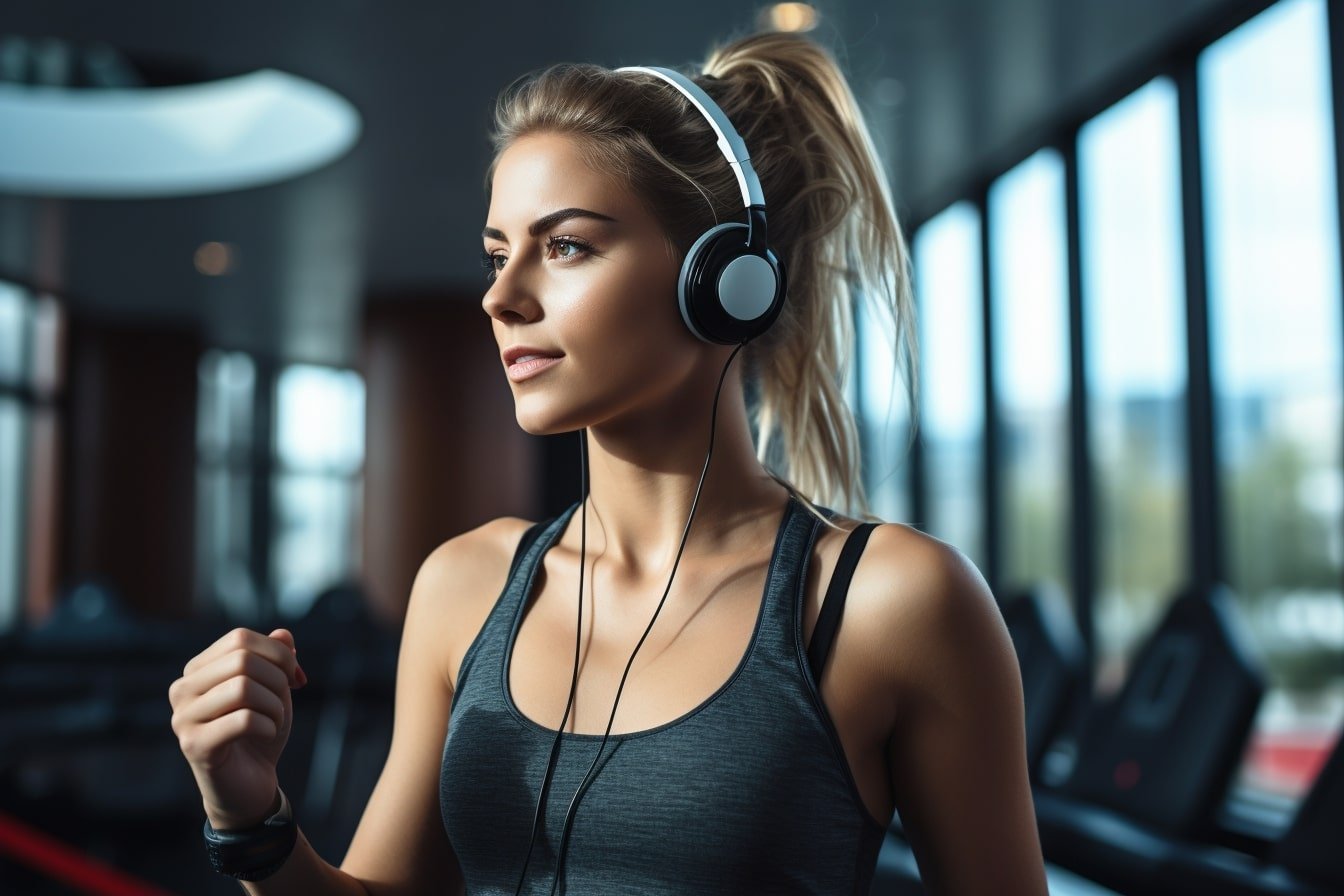 This shows a woman listening to music in the gym.