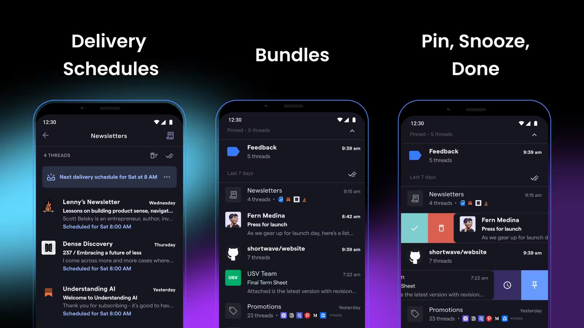 Three smartphones displaying ‘Delivery Schedules’, ‘Bundles’, and ‘Pin, Snooze, Done’ features on Shortwave for Android.