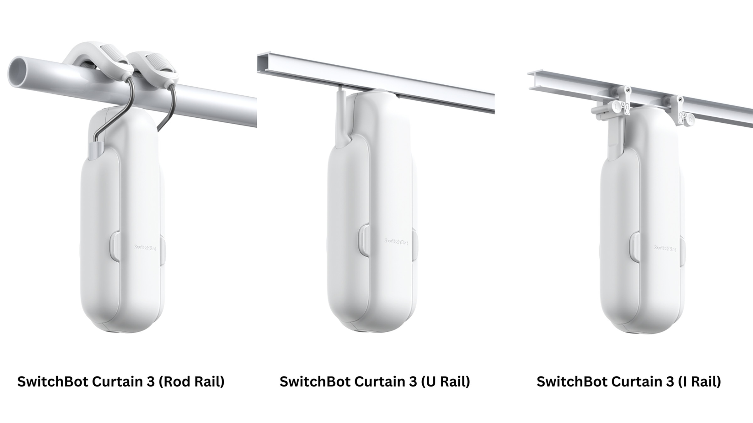 Renders of the SwitchBot Curtain 3 on three different kinds of rod: rod rail, U rail, and I rail.